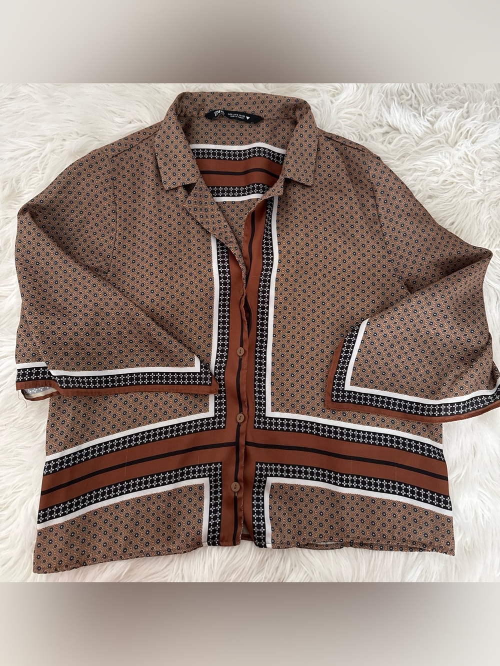 Zara Brown Patterned Casual Button-Down Shirt with Stripe Accents
